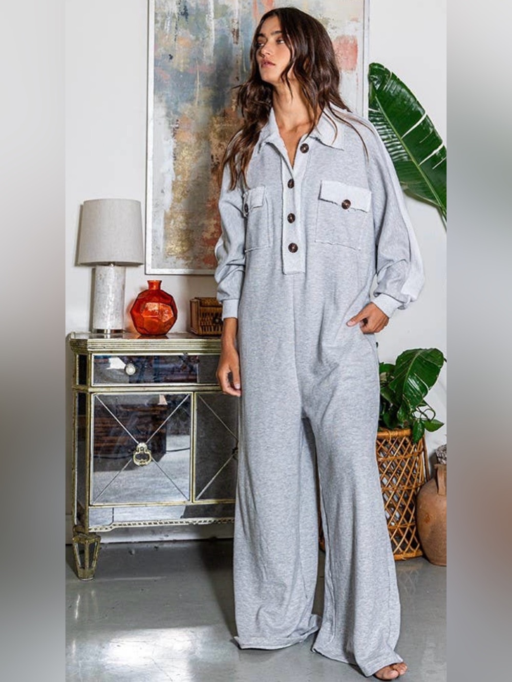 Bucket List Oversized Two-Tone Gray Wide Leg Jumpsuit Raw Edges Texture Button M - Picture 4 of 16